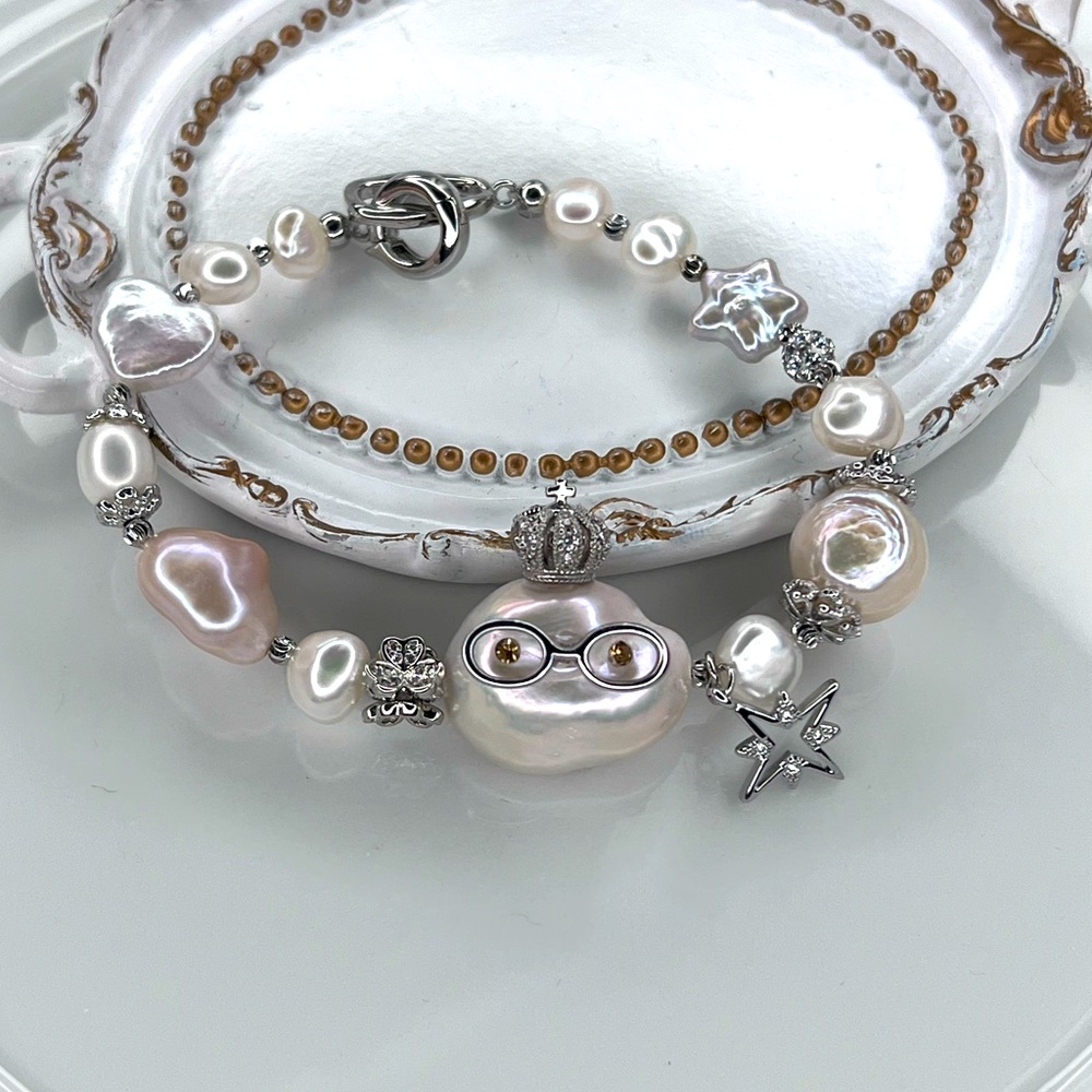 🤓😍 Handmade Freshwater Edison Coin Star Pearl Cute Bracelet Rhodium Plated 👑 ⭐️